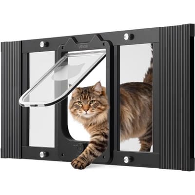 VEVOR Kattenluik/kattendeur, verstelbaar voor raambreedtes (686-813 mm), weerbestendig huisdierluik met 4 veilige vergrendelingsstanden, aluminium frame, helder glas en magnetische sluiting, zwart