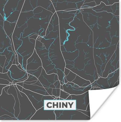Poster Plattegrond – Chiny – Blauw – Stadskaart - Kaart - 100x100 cm XXL