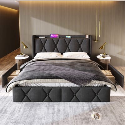 VVBV Gestoffeerd Opbergbed 140x200 cm - Opbergruimte, 4 Lades, USB, Lattenbodem, Hoofdbord - Hout Grijs - Zonder Matras