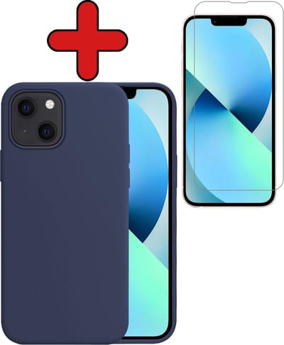 Hoesje - Met Screenprotector - Geschikt voor Apple iPhone 13 Mini - Sterk & Shockproof - Telefoon Hoes - Back Cover - Siliconen Case - Telefoonhoes - Donkerblauw