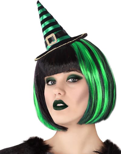 Halloween heksenhoed - mini hoedje op diadeem - one size - zwart/groen - meisjes/dames - verkleed accessoires