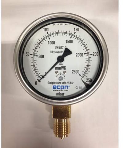 gAvilar Manometer 0-250 mbar RVS 100mm met 1/2 inch BSP Onder Aansluiting