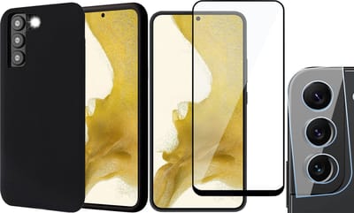 Hoesje geschikt voor Samsung Galaxy S22 Plus - Matte Back Cover Microvezel Siliconen Case Hoes Zwart - Full Tempered Glass Screenprotector - Camera Lens Protector