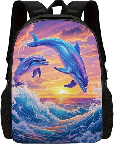 Dolfijnen Rugzak | Dolfijnenpatroon Rugtas | Zonsondergang Rugzak | Dolfijn Zonsondergang Rugzak | Schattige Rugzak | Dieren Rugzak | Rugzak Meisjes | Rugzak Jongens | Mooie rugzakken met dolfijnen | 15 - 20 liter | Kinder Rugzak