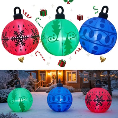 Lomera Opblaasbare Kerstballen - Verlichte Kerstballen - LED Verlichting - Kerstdecoratie Set - Ip44 Adapter - Geschikt voor Binnen en Buiten - Polyester Materiaal - Grote Kerstballen - Set van 3 - Groene, Rode, Blauwe Kerstballen