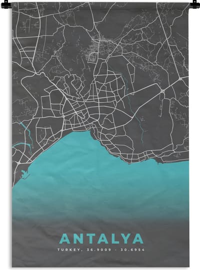 Wandkleed - Wanddoek - Antalya - Stadskaart - Plattegrond - Kaart - Blauw - 120x180 cm - Wandtapijt