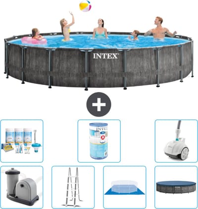 Intex Rond Prism Frame Greywood Zwembad - 549 x 122 cm - Inclusief Pomp - Ladder - Grondzeil - Afdekzeil Onderhoudspakket - Filter - Stofzuiger