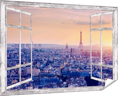 Gards Tuinposter Doorkijk Skyline van Parijs tijdens Zonsondergang - 180x120 cm - Tuindoek - Tuindecoratie - Wanddecoratie buiten - Tuinschilderij