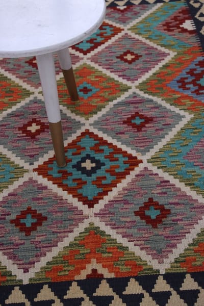 Kleurrijk Tapijt Laagpolig Handgeweven Wollen Vloerkleed - Koho Afghan Kelim 148x102 - 148x102cm- Modern - Woonkamer - Salon - Slaapkamer - Eetkamer