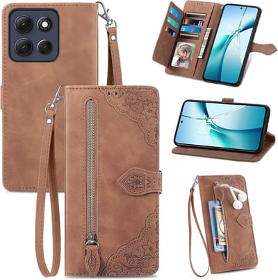 Telestore - Portemonnee met rits - book-case hoesje - 7 pasjes - mandala bloemen bruin - telefoonhoesje geschikt voor Motorola Moto G77 5G / Motorola Moto G67 5G