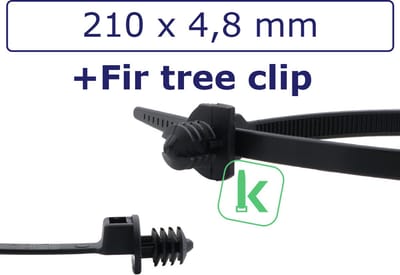 PRO-TIE® - Tyraps, kabelbinders Hittebestendig met lamelvoet en schotel (Fir-Tree Clip) 210 x 4,8 mm Zwart UV-Bestendig (Zak 100 stuks) (tiewrap/tyrap/tie-wrap/bundelbandje/colsonbandje/)