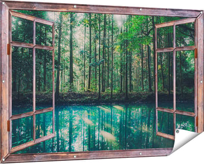 Gards Tuinposter Doorkijk Bos bij een Groen Meer - 150x100 cm - Tuindoek - Tuindecoratie - Wanddecoratie buiten - Tuinschilderij