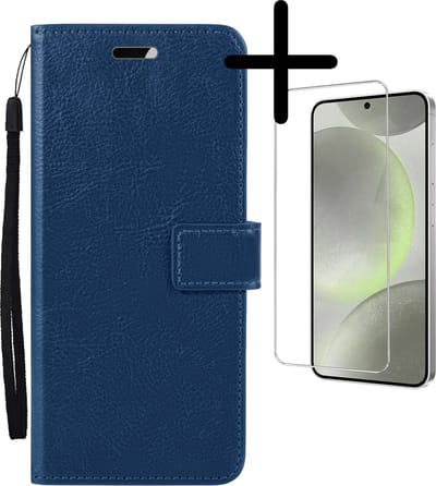Hoesje Met Screenprotector - Geschikt voor Samsung Galaxy S24 - Luxe Pasjeshouder - Bookcase Portemonee - Flip Case - Kunstleer Book Case - Flipcase - Book Cover - Walletcase - Portemonneehoes - Donkerblauw