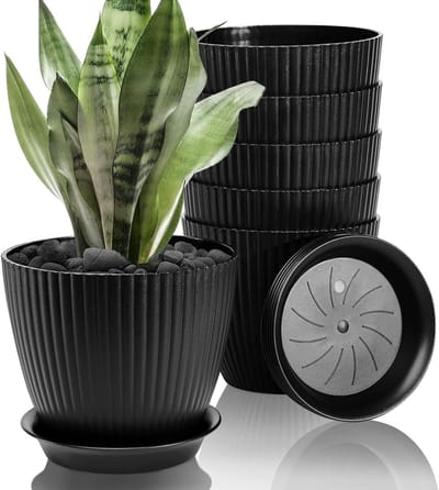 Omgoods- Plantenpot 15 cm - 6 Stuks - Plastic - Met Drainagegaten - Moderne Decoratieve Plantenbak - Voor Binnen - Zwart - Bloempot