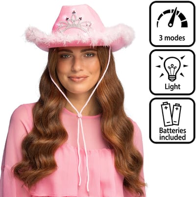 Cowboy hoed met LED verlichting - Hoedje - Western - Met kroontje - Met kinband - 57 cm - Roze