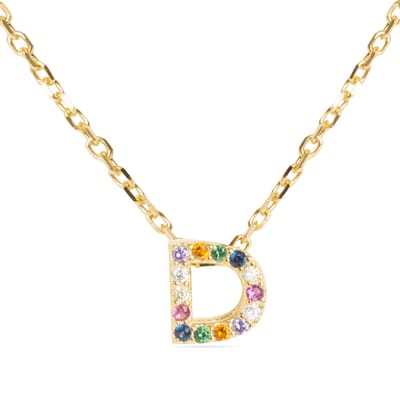Luxenter Sterling Zilver 925 collier met Veelkleurige Zirkonia afgewerkt in 18K geel goud - Alfabet