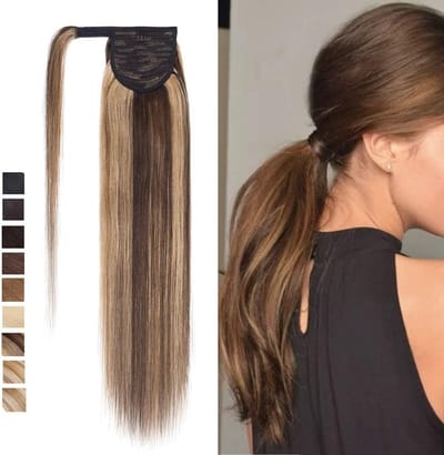 Ponytail Haarstuk Echthaar Zopf Extensions voor Haarverlenger met Clip-in Bangs, 56cm - Middenbruin/Honigblond