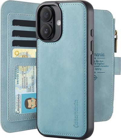 CaseMania Bookcase hoesje geschikt voor Apple iPhone 16 - Effen Aqua - Kunstleer - Portemonnee met 14 Vakjes voor Pasjes en Ritsvak