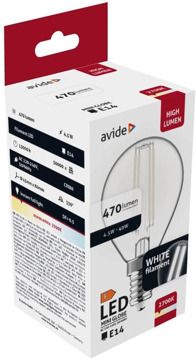 Avide E14 LED Filament Lamp 4.5W - 270lm - 2700K - Extra Warm Wit - LED Mini Globe P45 - Vervangt 40W Gloeilamp
