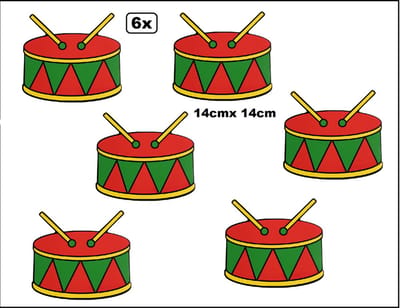 6x Houten trommel decoratie rood/geel/groen 14cm x 14cm - Carnaval wanddecoratie thema feest optocht fun festival