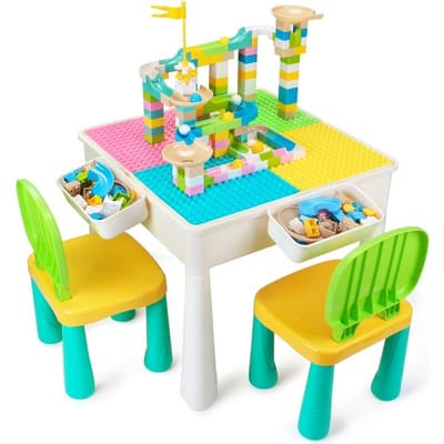 Alles-in-één Kindertafel en Stoelen Set met 100 STUKS Knikkerbaan Activiteit voor Kleuterschool Tafel voor Peuters Kinderspeelgoed Bouwstenen