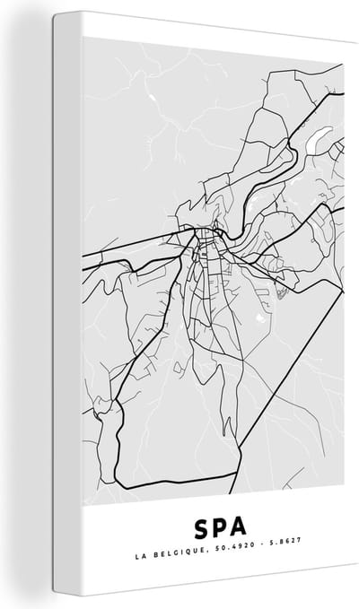Canvas Schilderij België – Spa – Stadskaart – Kaart – Zwart Wit – Plattegrond - 40x60 cm - Wanddecoratie