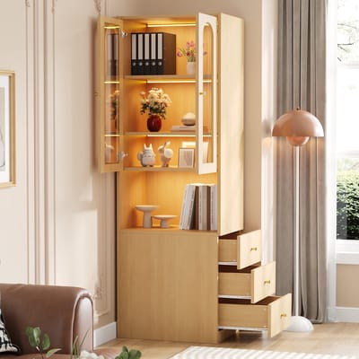 MODENUIT Boekenkast - Smal Hoge Kast Met Vitrinedeuren En LED - Voor Woonkamer En Werkkamer - MDF Eiken - 60x40x200 cm