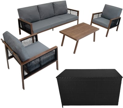 Loungeset & opbergbox - houteffect bruin-zwart - 4pers - wielen
