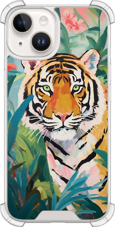 Shockproof hoesje - Geschikt voor iPhone 14 - Tijger in de jungle - Extra sterke case - TPU/polycarbonaat - Print / Illustratie - Multi, Transparant