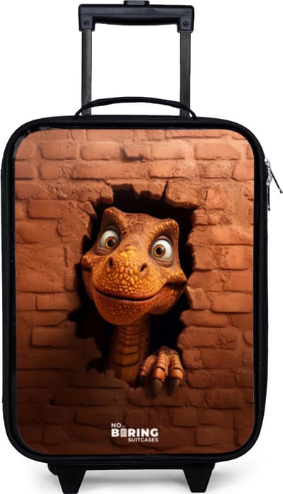 NoBoringSuitcases.com® - Kinderkoffer jongen - Kindertrolley meisje - Dino met brede lach in bakstenen muur - Koffer kind lichtgewicht - Reiskoffer trolley voor kinderen - Koffertje met lichtgevende wieltjes - Rolkoffer zwart