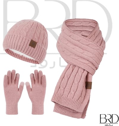 BRD® Winter | Winter wol voor volwassenen Roze | gevoerde muts, sjaal en handschoenen 3 delig gebreid unisex voor dames en heren winterset