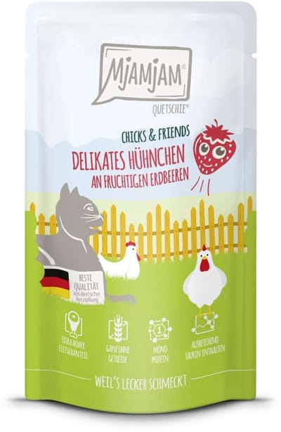 MjAMjAM Cat - Chicks+Friends 12x125g - Kip & Aardbeien