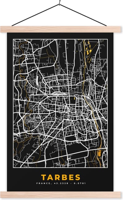 Posterhanger incl. Poster 40x60 cm - Schoolplaat - Plattegrond – Kaart – Stadskaart – Frankrijk – Tarbes - Textielposter - Blanke latten - Stadskaart