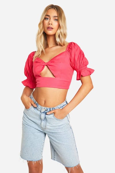 boohoo Dames Linnen-look Crop Top met Puff Mouwen | Felroze | Maat: 34
