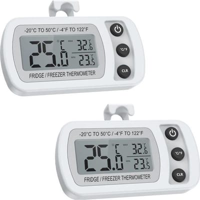Een set van twee mini-thermometers voor koelkasten/vriezers, IPX3 waterdicht, met lcd-display en weergave van hoogste en laagste temperatuur.