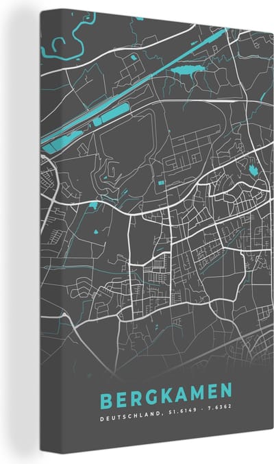 Canvas Schilderij Stadskaart – Plattegrond – Duitsland – Blauw – Bergkamen – Kaart - 20x30 cm - Wanddecoratie