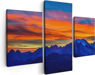 Artaza Canvas Schilderij Drieluik Oranje Zonsondergang In De Bergen - 90x60 - Foto Op Canvas - Canvas Print