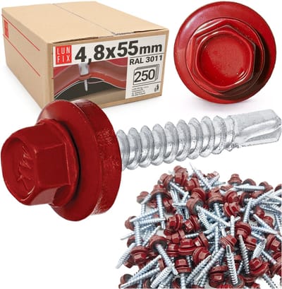 LUN FIX - Trapezblechschroeven - 250 Stk. - 4,8x55 mm - RAL 3011 (Roodbruin) - Zeskantschroeven van staal voor trapeziumplaten