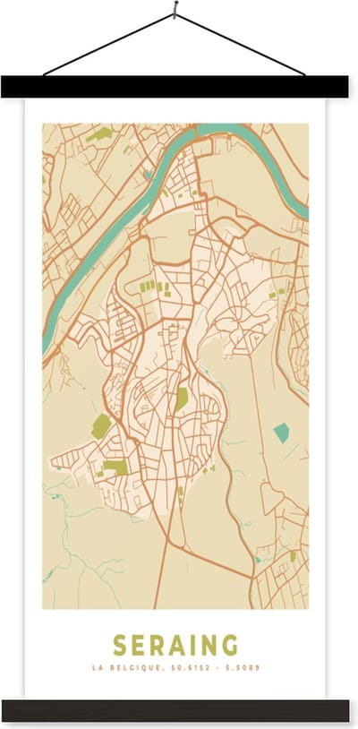 Posterhanger incl. Poster 40x80 cm - Schoolplaat - Plattegrond - Stadskaart - België - Seraing - Kaart - Textielposter - Zwarte latten - Stadskaart