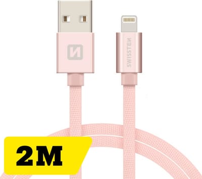 Swissten Lange MFi Lightning Oplaadkabel 2 meter – Apple Gecertificeerd – voor iPhone & iPad – Gevlochten Nylon USB-A – Roze