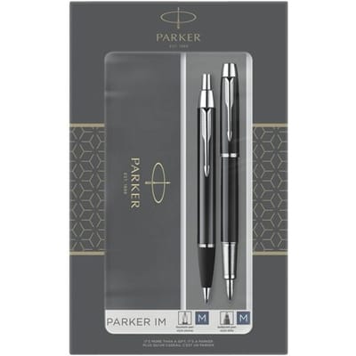 Parker IM duo geschenkset met balpen en vulpen | glanzend zwart met chromen afwerking | inktnavulling en inktpatroon met blauwe inkt | cadeauverpakking