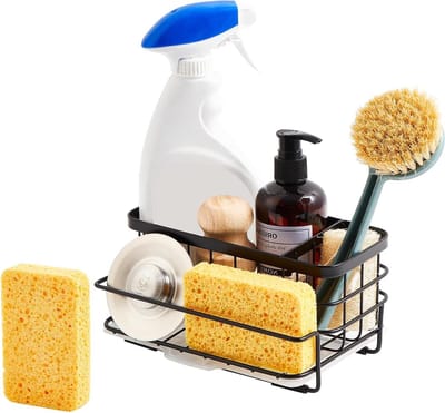 Gootsteenorganizer roestvrijstalen sponshouder voor aanrecht - afneembare afvoerbak - antislip - zwart - Large - kopen sponshouder gootsteen magnetische