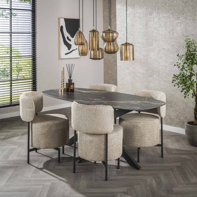 Dimehouse Eettafel Dolore 180x90 cm Deens Ovaal Marmerlook Zwart - Keramiek - Modern - Deens ovaal