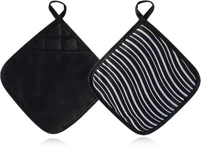 Set van 2 Katoenen Pothouders 20 x 20 cm Wasbaar met Beschermflappen en Antislip voor Oven en Keuken Bakken, Gestreept en Zwart