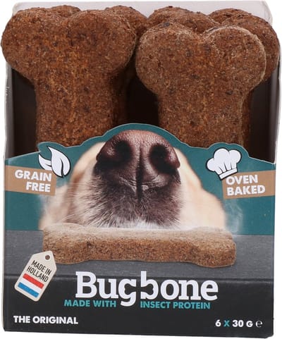 Bugbone Hondensnack met insecteneiwit - 6 x 30 gram - Gezond, lekker en makkelijk verteerbaar - Reinigt het gebit - Laag in calorieën – Hypoallergeen – Graanvrij - Geschikt voor honden - Medium