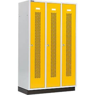 Schäfer Shop Select Kledinglocker met geperforeerde lijnen, 3 compartimenten, 400 mm, met fitting, cilinderslot, Deur koolzaadgeel