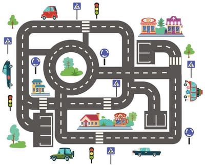 Dailygoods- Straatstickers 42 Zelfklevende Onderdelen - Wegen/Borden/Voertuigen - Creatieve Decoratie - Speelwereld - 2 Vellen 90 x 30 cm - Voor Kinderen - Speelsticker