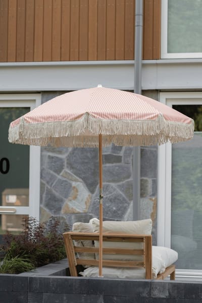 Roze parasol met franjes Ø180 cm - witte strepen - kantelbaar - UV-beschermend - inclusief hoes