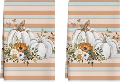 Herfst theedoek pompoen wildbloemen 45x66 inch - 100% katoen - zacht & absorbent - handgreep - blauw-wit - set van 2
