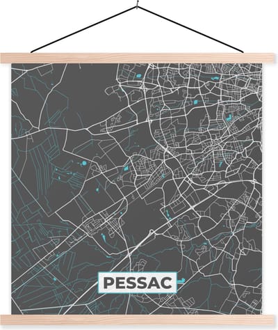 Posterhanger incl. Poster 40x40 cm - Schoolplaat - Pessac - Kaart - Plattegrond - Stadskaart - Frankrijk - Textielposter - Blanke latten - Stadskaart